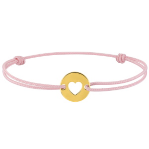 Bracelet composé d'un cordon rose et d'une pastille ajourée d'un coeur en plaqué or jaune 18 carats.