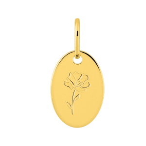 Magnifique pendentif ovale en plaqué or jaune 18 carats avec le motif d'une fleur rose.