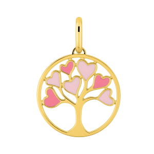 Sublime pendentif Arbre de vie en plaqué or jaune 18 carats. Son design apportera joie et amour avec ses cœurs teintés de rose.