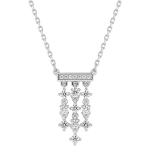 Collier composé d'une chaîne en argent 925/000 rhodié et d'un pendentif orné d'oxydes de zirconium blancs. Fermoir anneau ressort avec 3 cm de rallonge.