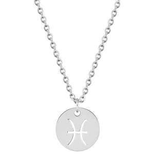Magnifique collier chaîne en acier argenté avec un pendentif rond gravé du signe astrologique du poisson. Fermoir mousqueton avec 5 cm de rallonge.