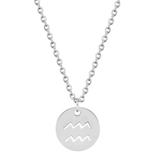 Magnifique collier chaîne en acier argenté avec un pendentif rond gravé du signe astrologique du verseau. Fermoir mousqueton avec 5 cm de rallonge.