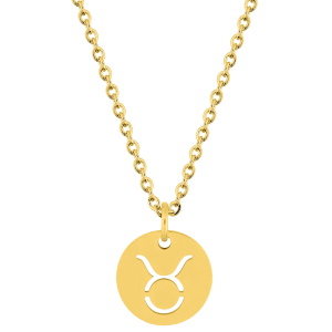 Magnifique collier chaîne en acier doré avec un pendentif rond gravé du signe astrologique du taureau. Fermoir mousqueton avec 5 cm de rallonge.
