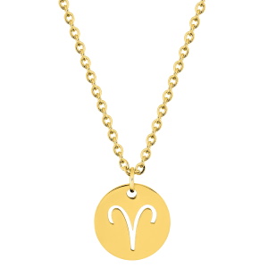 Magnifique collier chaîne en acier doré avec un pendentif rond gravé du signe astrologique du bélier. Fermoir mousqueton avec 5 cm de rallonge.
