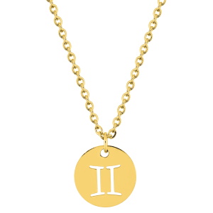 Magnifique collier chaîne en acier doré avec un pendentif rond gravé du signe astrologique du gémeaux. Fermoir mousqueton avec 5 cm de rallonge.