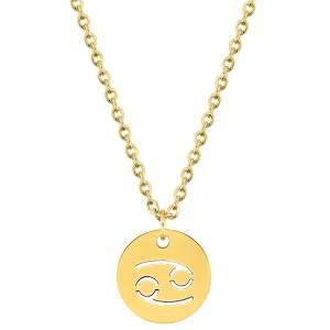 Magnifique collier chaîne en acier doré avec un pendentif rond gravé du signe astrologique du cancer. Fermoir mousqueton avec 5 cm de rallonge.