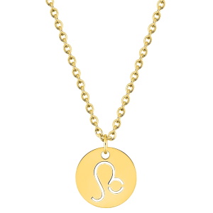 Magnifique collier chaîne en acier doré avec un pendentif rond gravé du signe astrologique du lion. Fermoir mousqueton avec 5 cm de rallonge.