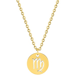 Magnifique collier chaîne en acier doré avec un pendentif rond gravé du signe astrologique du vierge. Fermoir mousqueton avec 5 cm de rallonge.