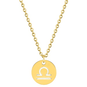 Magnifique collier chaîne en acier doré avec un pendentif rond gravé du signe astrologique du balance. Fermoir mousqueton avec 5 cm de rallonge.