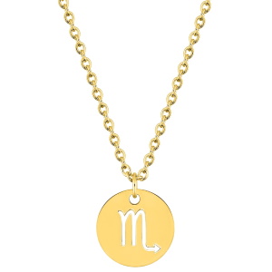 Magnifique collier chaîne en acier doré avec un pendentif rond gravé du signe astrologique du scorpion. Fermoir mousqueton avec 5 cm de rallonge.