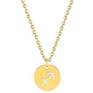 Magnifique collier chaîne en acier doré avec un pendentif rond gravé du signe astrologique du sagittaire. Fermoir mousqueton avec 5 cm de rallonge.