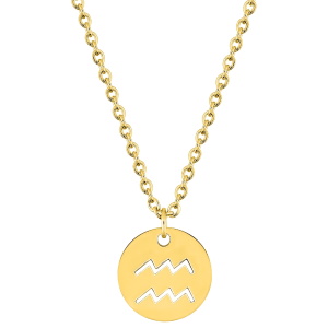 Magnifique collier chaîne en acier doré avec un pendentif rond gravé du signe astrologique du verseau. Fermoir mousqueton avec 5 cm de rallonge.