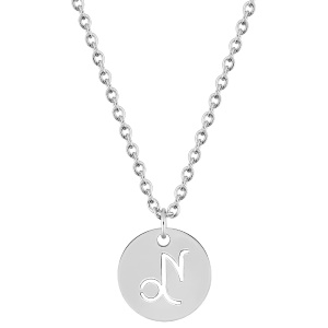 Magnifique collier chaîne en acier argenté avec un pendentif rond gravé du signe astrologique du capricorne. Fermoir mousqueton avec 5 cm de rallonge.