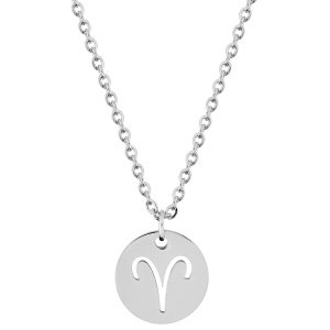 Magnifique collier chaîne en acier argenté avec un pendentif rond gravé du signe astrologique du bélier. Fermoir mousqueton avec 5 cm de rallonge.