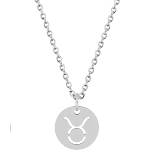 Magnifique collier chaîne en acier argenté avec un pendentif rond gravé du signe astrologique du taureau. Fermoir mousqueton avec 5 cm de rallonge.