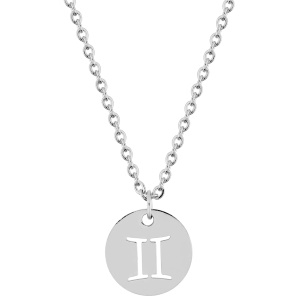 Magnifique collier chaîne en acier argenté avec un pendentif rond gravé du signe astrologique du gémeaux. Fermoir mousqueton avec 5 cm de rallonge.