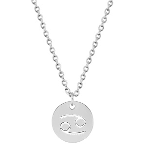 Magnifique collier chaîne en acier argenté avec un pendentif rond gravé du signe astrologique du cancer. Fermoir mousqueton avec 5 cm de rallonge.