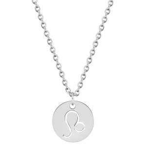 Magnifique collier chaîne en acier argenté avec un pendentif rond gravé du signe astrologique du lion. Fermoir mousqueton avec 5 cm de rallonge.