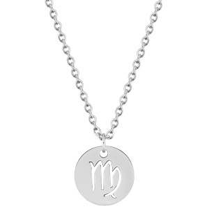 Magnifique collier chaîne en acier argenté avec un pendentif rond gravé du signe astrologique du vierge. Fermoir mousqueton avec 5 cm de rallonge.