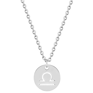 Magnifique collier chaîne en acier argenté avec un pendentif rond gravé du signe astrologique du balance. Fermoir mousqueton avec 5 cm de rallonge.