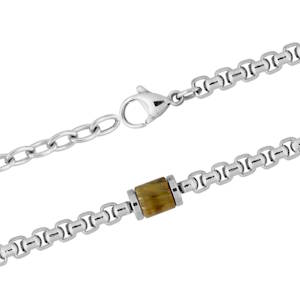Cette chaîne en acier argenté arbore un design minimaliste ponctué de cabochons cylindriques en quartz oeil de tigre. La pierre, taillée avec un poli soigné et une symétrie étudiée, captive avec sa chatoyance ambrée. Son design épuré en fait un bijou versatile, parfait pour ajouter une touche d'élégance discrète à votre style. Fermoir mousqueton avec 3 cm de rallonge.