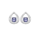 Boucles d'oreilles en forme de goutte en argent 925/000 rhodié pavées d'oxydes de zirconium surmontées d'une pierre de couleur bleue sertie 4 griffes. Goutte Ovale Pendantes Strass  Adolescent Adulte Femme Fille Indémodable 