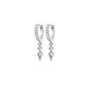 Boucles d'oreilles créoles en argent 925/000 rhodié pavées d'oxydes de zirconium blancs et pendants en argent 925/000 rhodié surmontée de deux oxydes de zirconium blancs sertis clos. Créoles Losange Pendantes Strass  Adolescent Adulte Femme Fille Indémodable 