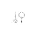 Boucles d'oreilles créoles fermées en argent 925/000 rhodié pavées en partie d'oxydes de zirconium blancs avec pastille pendante ronde gravée d'une étoile sertie d'un oxyde de zirconium blanc. Créoles Etoile Rond Strass  Adolescent Adulte Femme Fille Indémodable Nature 