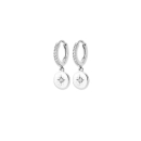 Boucles d'oreilles créoles fermées en argent 925/000 rhodié pavées en partie d'oxydes de zirconium blancs avec pastille pendante ronde gravée d'une étoile sertie d'un oxyde de zirconium blanc. Créoles Etoile Rond Strass  Adolescent Adulte Femme Fille Indémodable Nature 