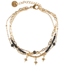 Bracelet triple rangs composé d'une chaîne en acier doré, une chaîne en acier doré avec 3 perles de couleur noire, ainsi qu'une chaîne avec pampilles étoiles en acier doré et des perles de couleur noire.<br/>Fermoir mousqueton avec 3 cm de rallonge. Etoile Multirangs Perle  Adolescent Adulte Femme Fille Indémodable Nature 
