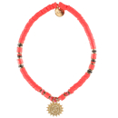Bracelet élastique composé de perles heishi en acier doré et en caoutchouc et d'un pendant en forme de soleil en acier doré. Elastique Perle Soleil  Adolescent Adulte Femme Fille Indémodable Nature 