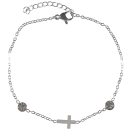 Bracelet composé d'une chaîne avec une croix en acier argenté et de deux cristaux sertis clos.<br/>Fermoir mousqueton avec 3 cm de rallonge. Croix Rond  Adolescent Adulte Femme Fille Indémodable Religion 