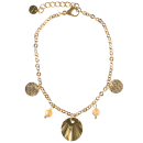 Bracelet composé d'une chaîne avec deux pampilles rondes et un pendentif rond en forme de coquillage en acier doré ainsi que deux perles de couleur. Perle Rond  Adolescent Adulte Femme Fille Indémodable Nature 