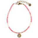 Bracelet composé de perles de couleur rose et d'une pastille ronde avec motifs en acier doré.<br/>Fermoir mousqueton avec 3 cm de rallonge. Perle Rond  Adolescent Adulte Femme Fille Indémodable 
