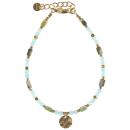 Bracelet composé de perles en acier doré, de perles de couleur turquoise et d'une pastille martelée en acier doré.<br/>Fermoir mousqueton avec 3 cm de rallonge. Perle Rond  Adolescent Adulte Femme Fille Indémodable 