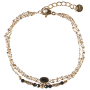 Bracelet triple rangs composé d'une chaîne en acier doré, d'une chaîne en acier doré avec perles de couleur noire et d'une chaîne en acier doré avec une pierre de couleur noire sertie clos de forme ovale.<br/>Fermoir mousqueton avec 3 cm de rallonge. Multirangs Ovale Perle  Adolescent Adulte Femme Fille Indémodable 