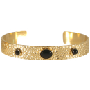 Bracelet jonc ouvert rigide en acier doré martelé surmonté de trois cabochons ovale et rond de couleur noir. Jonc Ovale Rigide Rond  Adolescent Adulte Femme Fille Indémodable 