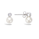 Boucles d'oreilles en argent 925/000 rhodié, oxydes de zirconium serti clos et perles synthétiques blanches. Boule Pendantes Perle Rond  Adolescent Adulte Femme Fille Indémodable 