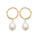 Boucles d'oreilles pendantes composées d'un cercle difforme en plaqué or jaune 18 carats et d'une perle de culture. Cercle Pendantes Perle  Adolescent Adulte Femme Fille Indémodable 