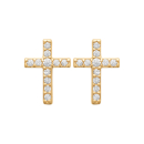 Boucles d'oreilles puces en forme de croix en plaqué or jaune 18 carats pavées d'oxydes de zirconium blancs. Croix Puce Strass  Adolescent Adulte Femme Fille Indémodable Religion 