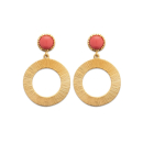 Boucles d'oreilles pendantes avec cercle en plaqué or et pierres d'imitation corail. Cercle Corail Pendantes Rond  Adolescent Adulte Femme Fille Indémodable 
