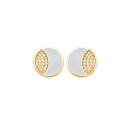 Boucles d'oreilles puces de forme ronde en plaqué or jaune 18 carats pavées en partie d'oxydes de zirconium blancs et en autre partie de nacre. Puce Rond Strass  Adolescent Adulte Femme Fille Indémodable 