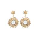 Boucles d'oreilles pendantes de forme soleil en plaqué or jaune 18 carats surmontées de nacre de forme ronde entouré d'oxydes de zirconium blancs. Pendantes Rond Soleil Strass  Adolescent Adulte Femme Fille Indémodable Nature 