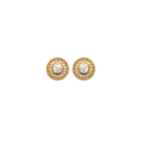 Boucles d'oreilles puces rondes en plaqué or jaune 18 carats pavées d'un cercle d'oxydes de zirconium blancs et surmontées d'un oxyde de zirconium blanc serti clos de forme ronde. Puce Rond Strass  Adolescent Adulte Femme Fille Indémodable 