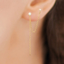 Boucles d'oreilles pendantes composées de chaînettes et de deux tiges poussettes en plaqué or jaune 18 carats serties clos d'un oxyde de zirconium blanc. Pendantes Rond Strass  Adolescent Adulte Femme Fille Indémodable 
