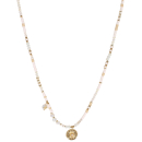 Collier sautoir composé de perles heishi en acier doré et en caoutchouc multicolore, de perles multicolores, d'un pendant en pierre de couleur bleue surmontée d'une étoile en acier doré et d'un pendentif rond représentant un soleil en acier doré surmonté d'un cristal de couleur bleu serti clos.<br/>Fermoir mousqueton avec 5 cm de rallonge. Elastique Etoile Perle Soleil  Adolescent Adulte Femme Fille Indémodable Nature 