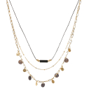 Collier triple rangs composé d'un cordon de 39 cm de long en coton de couleur noir avec des perles en acier doré et un tube cylindrique de couleur noir, d'une chaîne de 42 cm de long en acier doré, ainsi qu'une chaîne de 44 cm de long avec pampilles rondes en acier doré et de pampilles rondes de couleur noire.<br/>Fermoir mousqueton avec 5 cm de rallonge. Multirangs Rond  Adolescent Adulte Femme Fille Indémodable 