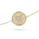 Bracelet composé d'une chaîne et d'une pastille ronde au motif de la monnaie du Tibet en plaqué or jaune 18 carats.<br/>Fermoir mousqueton avec anneaux de rappel à 16 et 18 cm. Rond  Adolescent Adulte Femme Fille Indémodable Symboles 