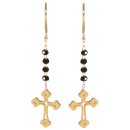 Boucles d'oreilles pendantes composées de perles de couleur noire et d'une croix en acier doré. Croix Pendantes Perle  Adolescent Adulte Femme Fille Indémodable Religion 