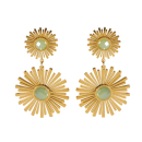 Boucles d'oreilles pendantes en forme de deux soleils en acier doré surmontés de deux pierres de couleur verte serties clos. Pendantes Rond Soleil  Adolescent Adulte Femme Fille Indémodable Nature 